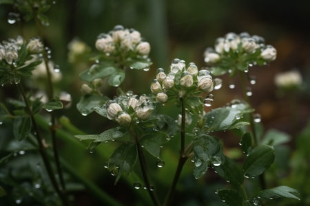 Water drops on white flowers of buckwheat (Trifolium vulgare)の素材