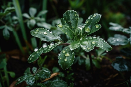 Raindrops on the leaves of a green plant in the garden.の素材