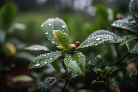 Green tea leaves with dew drops in the morning. Natural background.の素材