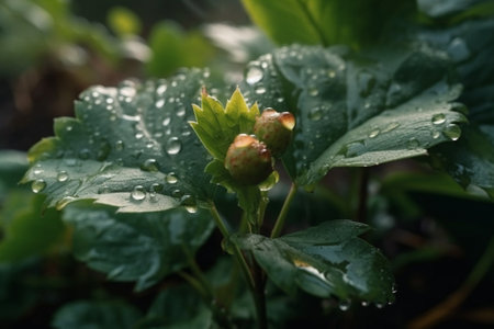 Water drops on strawberry leaves after rain in the garden. Selective focus.の素材