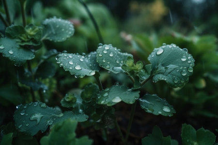 Drops of rain on the leaves of a celandine plantの素材