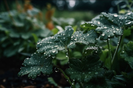 Water droplets on green leaves of geranium plant after rain.の素材