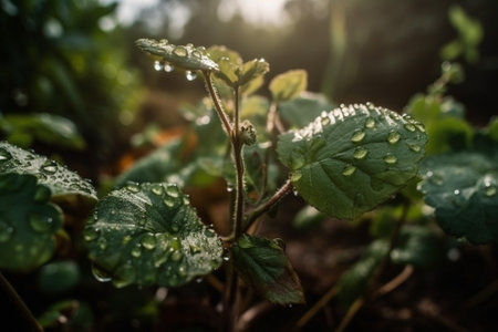 Morning dew on the leaves of a plant in the garden.の素材
