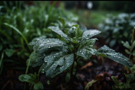 Morning dew on the leaves of basil. Selective focus.の素材