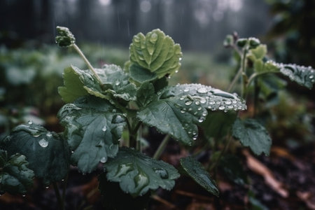 Raindrops on the leaves of plants in the garden after the rainの素材