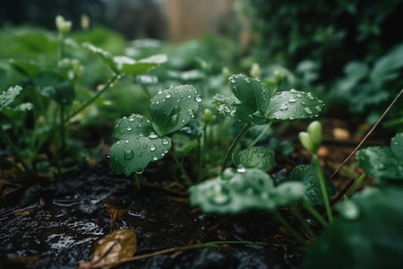 Water droplets on the leaves of a strawberry plant after rain.の素材