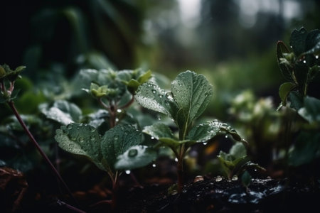 Water droplets on the leaves of a young plant after rain.の素材