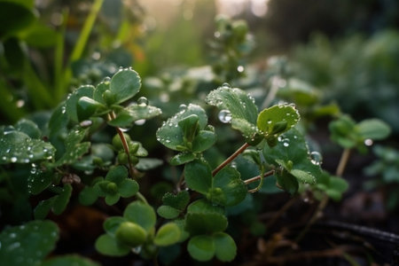 Drops of dew on the green leaves of clover.の素材
