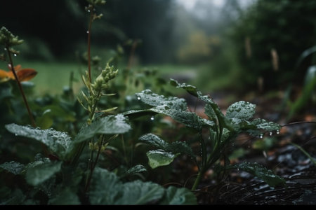 Raindrops on the leaves of plants. Raindrops on the leaves.の素材