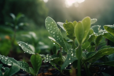 Morning dew on the leaves of a plant in the garden.の素材