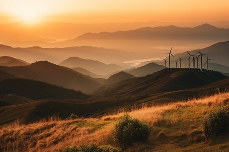 Beautiful landscape with wind turbines in the mountains at sunset time.の素材