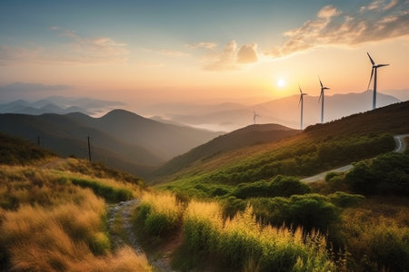 Sunset over a field with sunflowers and electricity pylonsの素材