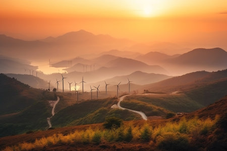 Wind turbines on the mountain in the morning, beautiful nature landscape backgroundの素材