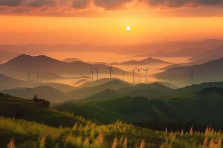 Beautiful mountain landscape with wind turbines in the morning, Thailand.の素材