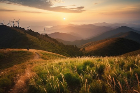 Landscape of wind turbine farm on mountain at sunset time in Taiwanの素材