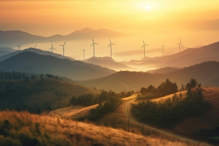Wind turbines in the mountains at sunset. Beautiful summer landscape with windmills.の素材
