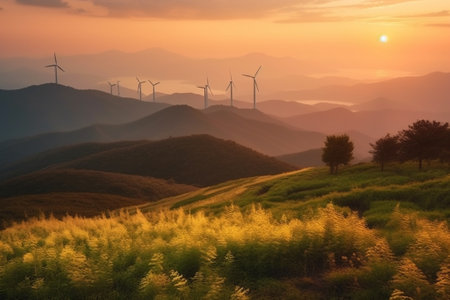 Beautiful landscape with windmills on the mountain at sunset.の素材