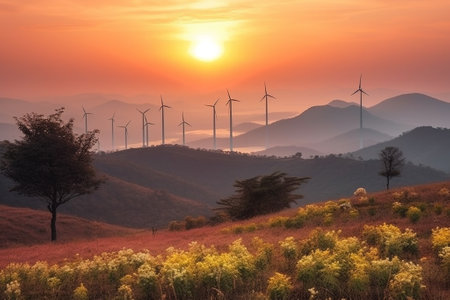 Sunset on the mountain with wind turbines and field of yellow flowersの素材