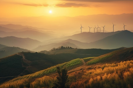 solar energy panels in a field at sunset, beautiful photo digital pictureの素材