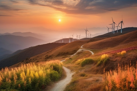 Wind turbines in the mountains at sunset. Beautiful nature landscape with wind turbines.の素材