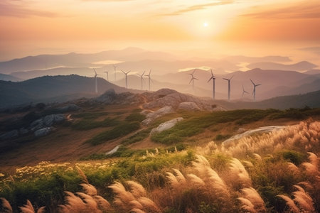 Beautiful landscape with wind turbines in the mountains at sunset time.の素材
