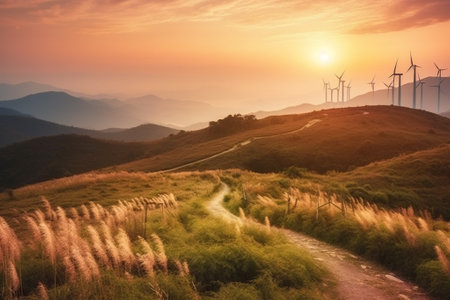 Wind turbines on the hillside at sunset in Shenzhen, Chinaの素材