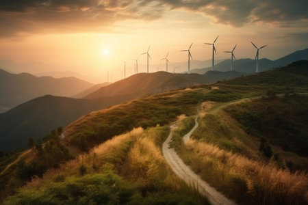 Wind turbines in the mountains at sunset. Beautiful landscape with wind turbines.の素材