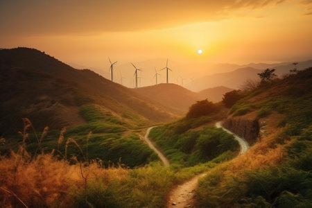 Wind turbines in the mountains at sunset. Beautiful nature landscape background.の素材