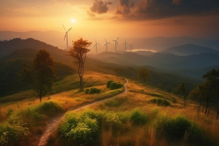 Beautiful landscape with wind turbines on the mountain at sunset. Nature backgroundの素材