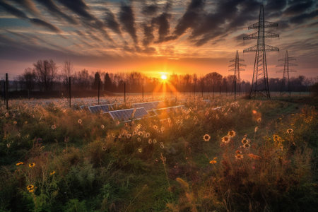 Solar panels and sunflowers in a field at sunset in summerの素材