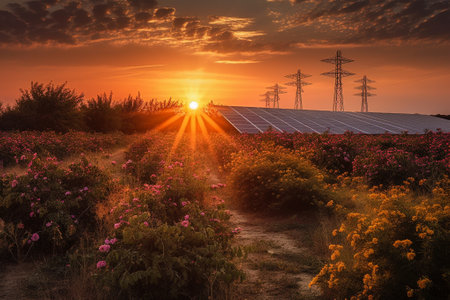 Sunset over a field with solar panels and electricity pylonsの素材