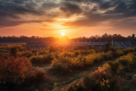 Sunset over a field with solar panels and mountains in the backgroundの素材