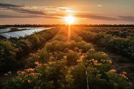 Agricultural field of blooming chrysanthemum flowers at sunsetの素材