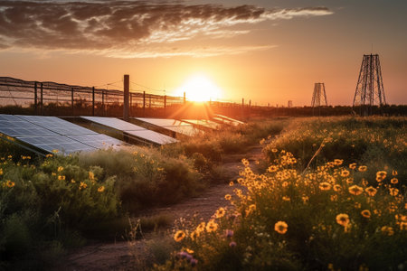 Sunset over a solar power plant with sun in the background.の素材