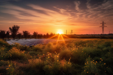 Beautiful landscape with wind turbines in the mountains at sunset time.の素材
