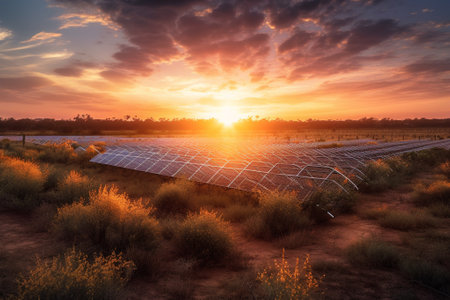 solar energy panels in the field at sunset, beautiful photo digital pictureの素材