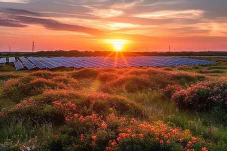 solar energy panels in the field with beautiful sky at sunset.の素材