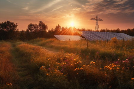 Sunset over a field with photovoltaic panels and a roadの素材