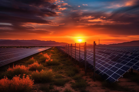 Sunset over a solar power plant in the desert of Arizona.の素材