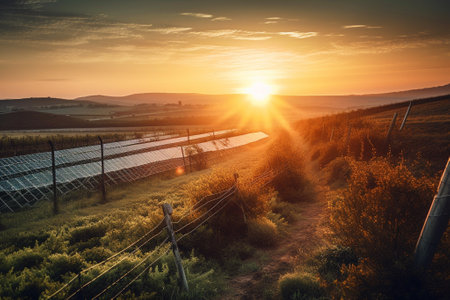Sunset over a field of yellow flowers and solar panels in the backgroundの素材