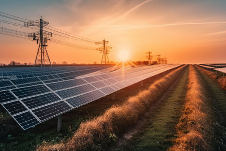 Solar energy panels and high voltage power pylons at sunset.の素材