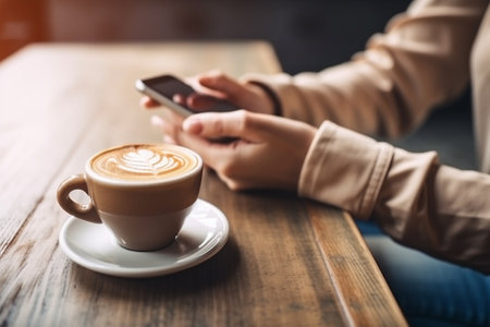 Close-up of female hands using smartphone and drinking coffee in cafeの素材