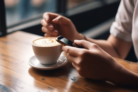 Close up image of a woman using mobile phone while drinking coffee in cafeの素材