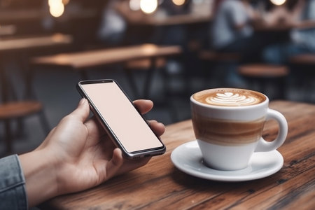 Close up of woman hand holding mobile phone with blank screen and coffee cup in cafeの素材