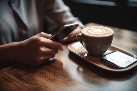 Closeup image of a woman using smart phone and drinking coffee in cafeの素材