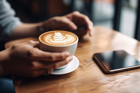 Coffee cup with latte art on wooden table in coffee shopの素材