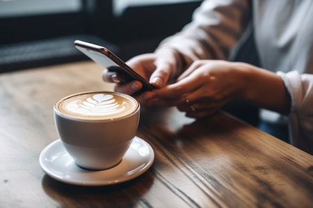 Closeup image of a woman using smart phone and drinking coffee in cafeの素材