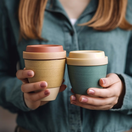 Close up of female hands holding two paper cups of coffee or teaの素材