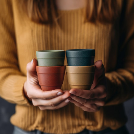 Close-up of woman's hands in a yellow sweater holding two ceramic cups with coffee.の素材