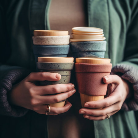 Close up of female hands holding two cups of coffee or tea.の素材